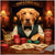 Labrador Retriever in green vest and bowtie seated at a poker table with custom paw-print cards, poker chips, Old Barkingtons whiskey, and Chompz Cigar Bones under a sign reading Paws & Poker Pals.