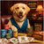 Labrador Retriever in a teal vest seated at a poker table with treat chips, custom cards, Golden Retriever Reserve glasses, and a Chewbone Stogies box under a sign reading Lucky Lab’s Leisure.