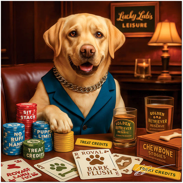 Labrador Retriever in a teal vest seated at a poker table with treat chips, custom cards, Golden Retriever Reserve glasses, and a Chewbone Stogies box under a sign reading Lucky Lab’s Leisure.