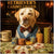 Labrador Retriever wearing a bowtie and tweed vest seated at a casino table with chips, paw-print playing cards, Good Boy Gold, and a mug labeled Sippy Pup Club under a sign reading Retriever’s Casino Charm.