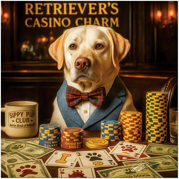 Labrador Retriever wearing a bowtie and tweed vest seated at a casino table with chips, paw-print playing cards, Good Boy Gold, and a mug labeled Sippy Pup Club under a sign reading Retriever’s Casino Charm.