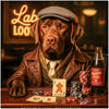 Chocolate Labrador Retriever in a leather jacket and cap seated at a poker table with chips, custom paw-themed cards, treat currency, and a Pupper Pop bottle under a sign that reads Labrador Loot.