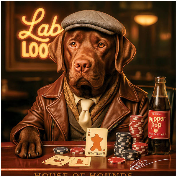 Chocolate Labrador Retriever in a leather jacket and cap seated at a poker table with chips, custom paw-themed cards, treat currency, and a Pupper Pop bottle under a sign that reads Labrador Loot.