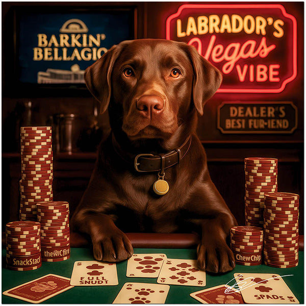 Chocolate Labrador Retriever seated at a poker table with Full Snout playing cards, stacks of poker chips labeled Chew Chip and Snack Stack, under neon signage reading Labrador’s Vegas Vibe and Barkin’ Bellagio.