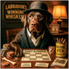 Chocolate Labrador Retriever in a bowler hat and velvet vest seated at a game table with poker chips, a Sniff & Match board, and a canister of Victory Stix under a sign reading Labrador’s Winning Whiskers.
