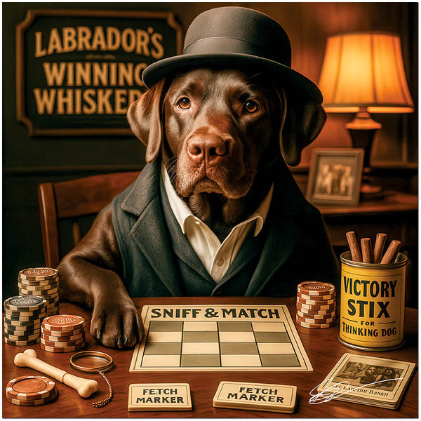 Chocolate Labrador Retriever in a bowler hat and velvet vest seated at a game table with poker chips, a Sniff & Match board, and a canister of Victory Stix under a sign reading Labrador’s Winning Whiskers.