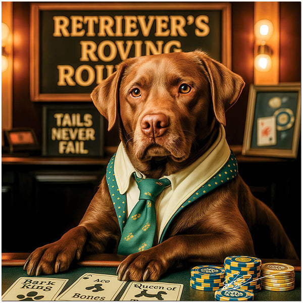 Chocolate Labrador Retriever in a polka-dot tie and green collar seated at a casino table with paw-print cards, custom chips, and signage reading Retriever’s Roving Roulette and Tails Never Fail.