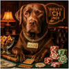 Chocolate Labrador Retriever wearing a gold chain labeled Bone Bucks, seated at a casino table with K9 Kash, Fetch Funds, Treat Credits, and a bowl of gourmet dog bones under a sign reading Retriever Rich Lounge.
