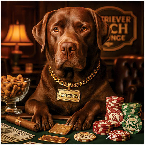 Chocolate Labrador Retriever wearing a gold chain labeled Bone Bucks, seated at a casino table with K9 Kash, Fetch Funds, Treat Credits, and a bowl of gourmet dog bones under a sign reading Retriever Rich Lounge.