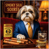 Lhasa Apso in a silk suit and gold tie seated at a lounge table with a tray of dog cigars, a Chewros Reserve tin, and a glass with bone-shaped ice under a sign reading Smoky Silk Soirée.