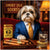Lhasa Apso in a silk suit and gold tie seated at a lounge table with a tray of dog cigars, a Chewros Reserve tin, and a glass with bone-shaped ice under a sign reading Smoky Silk Soirée.