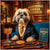 Lhasa Apso in a navy suit and golden tie seated at a luxe lounge table with cocktail, grooming tools, a GRROOM Club menu, and a sign reading Luxurious Lhasa Lounge.