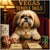 Lhasa Apso with a gold medallion seated at a casino table with poker chips, Tail Tokens, Fetch Royale cards, and a Pawtini Palace mug under a sign reading Vegas Temple Tails.