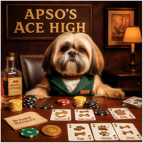 Lhasa Apso in a green vest seated at a poker table with themed cards like Paw Flush and House of Bones, surrounded by poker chips, a gold coin, and a bottle of Barrel of Barks beneath a sign reading Apso’s Ace High.