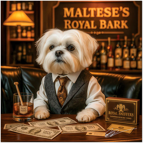 Maltese in a paisley tie and vest seated at a lounge table with a glass of Berk Berd, dog-themed currency, and a Royal Sniffers box under a sign reading Maltese’s Royal Bark.