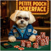 Maltese wearing sunglasses, a denim jacket, and gold chain seated at a poker table with Yap Chips, Treat Tokens, and Mini Mutt Millions under a glowing sign that reads Petite Pooch Pokerface.