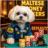Maltese in a denim jacket with gold jewelry seated at a poker table stacked with Treat Stackers, Pupper Coin, Woof Wealth chips, and a bag labeled Snack Vault under a sign reading Maltese Money Makers.