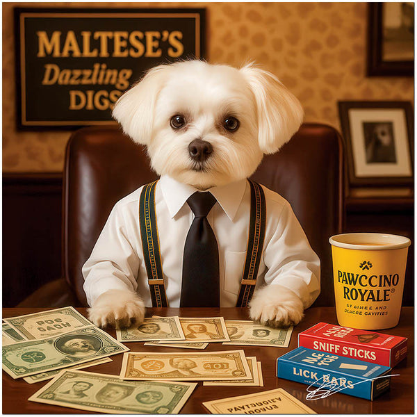 Maltese in business attire seated at a desk with play money, Sniff Sticks, Lick Bars, and a Pawccino Royale cup under a sign reading Maltese’s Dazzling Digs.