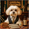 Maltese in glasses and a vest seated at a desk with Snout Shine, Bark Bullion, Groom Bucks, and grooming products beneath a sign reading Giggling Groomer.