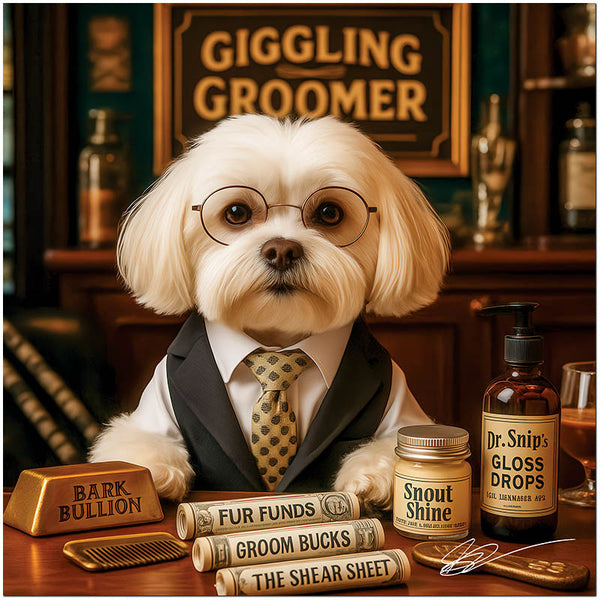 Maltese in glasses and a vest seated at a desk with Snout Shine, Bark Bullion, Groom Bucks, and grooming products beneath a sign reading Giggling Groomer.