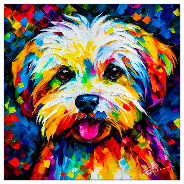 Colorful Maltese portrait in modern art style, perfect for home decor.