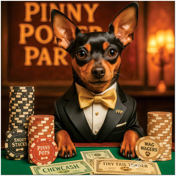 Miniature Pinscher in tuxedo and gold bowtie at poker table with casino chips and themed currency.