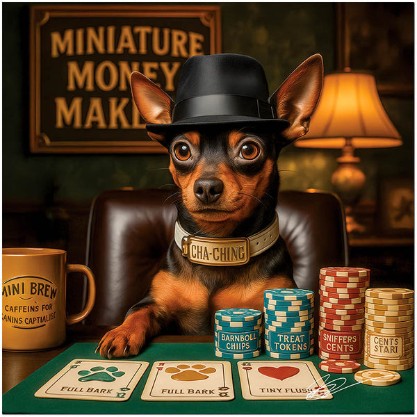 Miniature Pinscher wearing a fedora at a poker table surrounded by themed chips, dog cards, and a mug labeled “Mini Brew.”