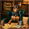 Miniature Pinscher in a bow tie seated at a poker table with customized playing cards, poker chips, and a bag of Pixie Bites.