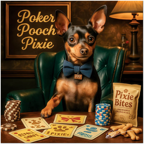 Miniature Pinscher in a bow tie seated at a poker table with customized playing cards, poker chips, and a bag of Pixie Bites.