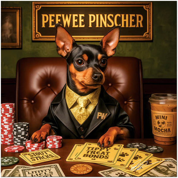 Miniature Pinscher in a black suit and gold tie at a poker table with custom chips and playful treat-themed bonds.