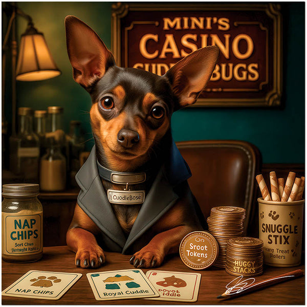 Miniature Pinscher dog in a leather jacket at a poker table with nap chips and cuddle-themed tokens in a cozy casino scene.