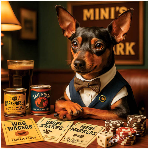 Miniature Pinscher in vest and bow tie with poker chips and betting cards in a cozy casino bar scene