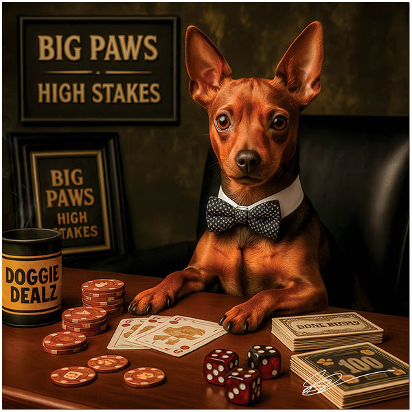 Miniature Pinscher in bow tie playing poker with bone-themed cards and chips in an elegant casino setting