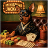 Miniature Pinscher dressed in a poker suit with casino chips and cards, surrounded by humorous dog-themed gambling tokens