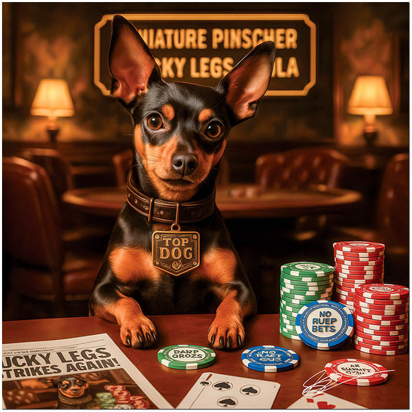 Miniature Pinscher named Lucky Legs Lola sitting at a poker table with chips and cards, in a casino setting with “Top Dog” collar