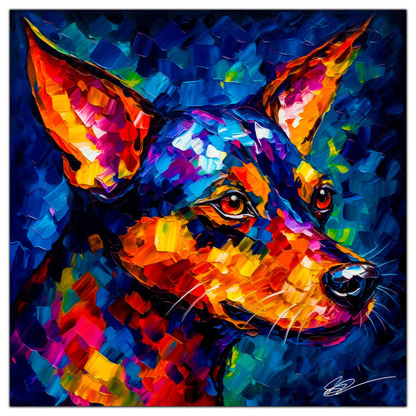 Colorful Miniature Pinscher portrait in modern art style, perfect for home decor.