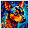 Colorful Miniature Pinscher portrait in modern art style, perfect for home decor.
