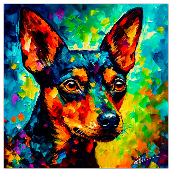 Colorful Miniature Pinscher portrait in modern art style, perfect for home decor.