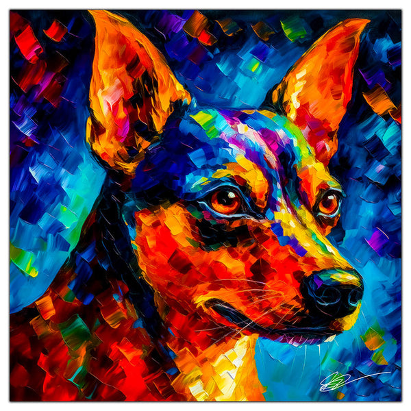 Colorful Miniature Pinscher portrait in modern art style, perfect for home decor.