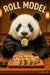 Humorous panda artwork eating sushi titled Roll Model