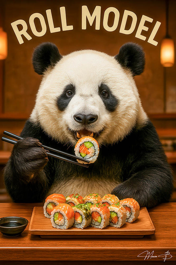 Humorous panda artwork eating sushi titled Roll Model