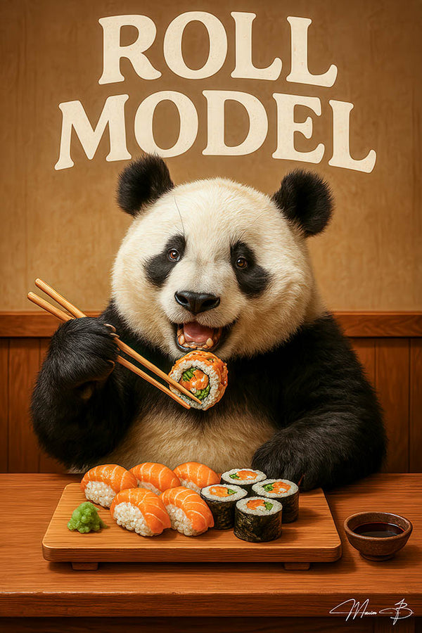 Panda eating sushi with chopsticks artwork titled Roll Model II
