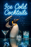 Penguin bartender shaking cocktails under neon lights artwork titled Ice Cold Cocktails II