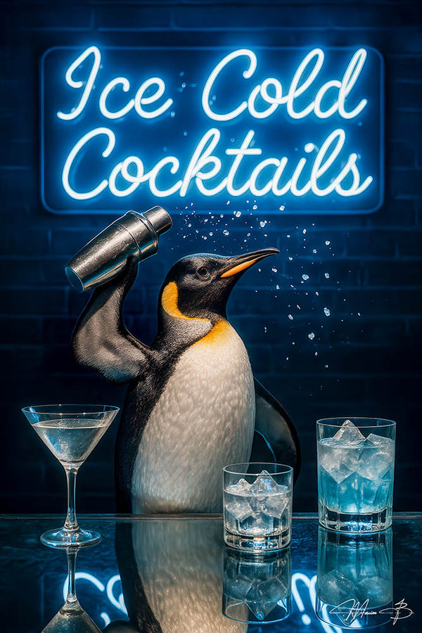 Penguin bartender shaking cocktails under neon lights artwork titled Ice Cold Cocktails II