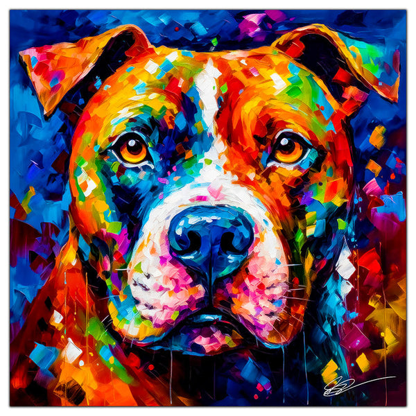 Colorful Pitbull portrait in modern art style, perfect for home decor.
