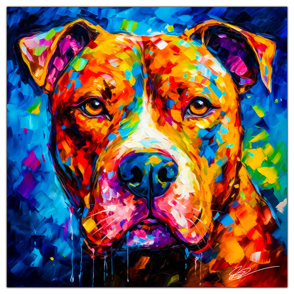 Colorful Pitbull portrait in modern art style, perfect for home decor.