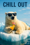 Polar bear wearing sunglasses sipping tropical cocktail on iceberg metal wall art