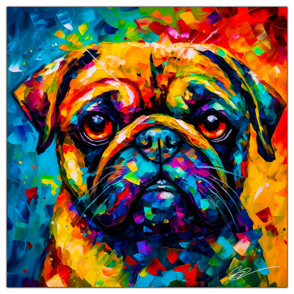 Colorful Pug portrait in modern art style, perfect for home decor.