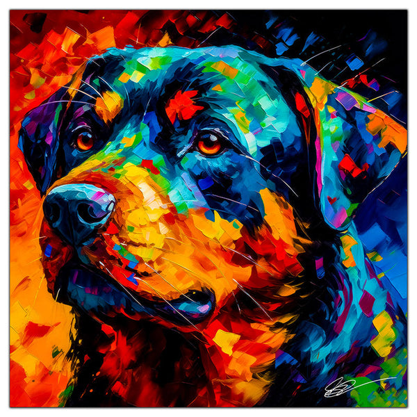 Colorful Rottweiler portrait in modern art style, perfect for home decor.