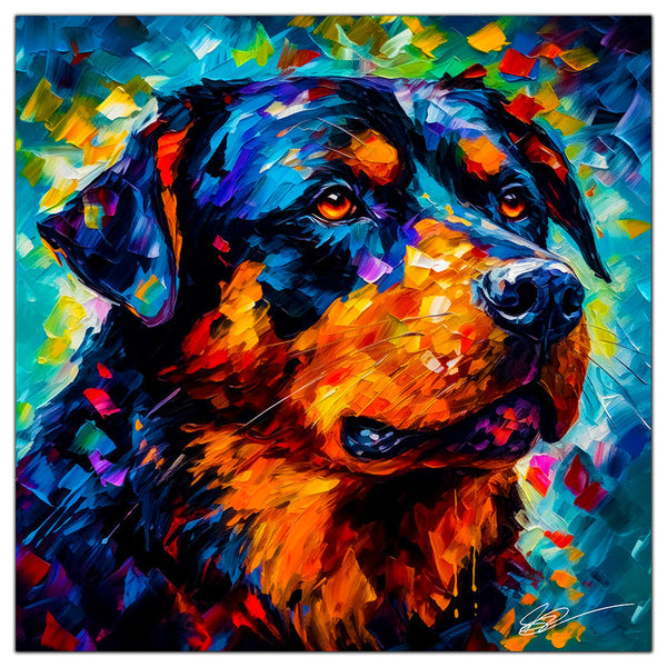 Colorful Rottweiler portrait in modern art style, perfect for home decor.
